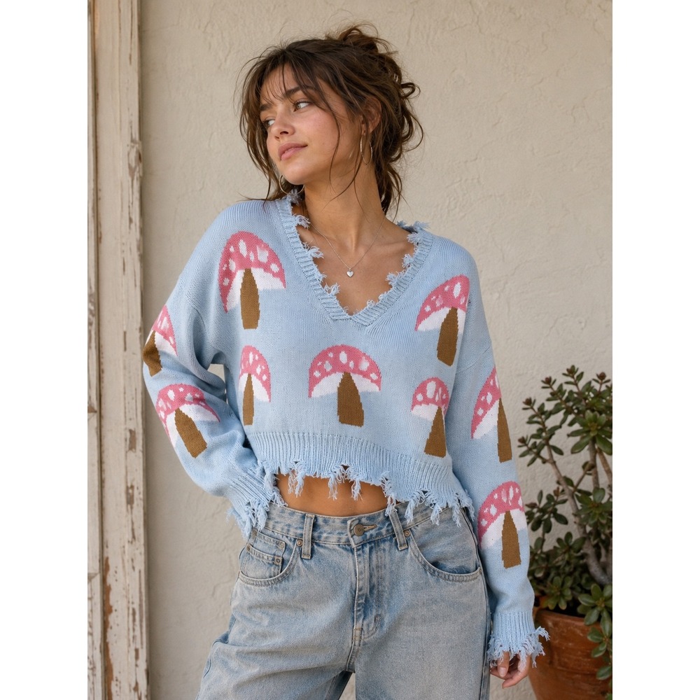 Just Polly Mushroom Sweater Distressed V-Neck Blue Size Small